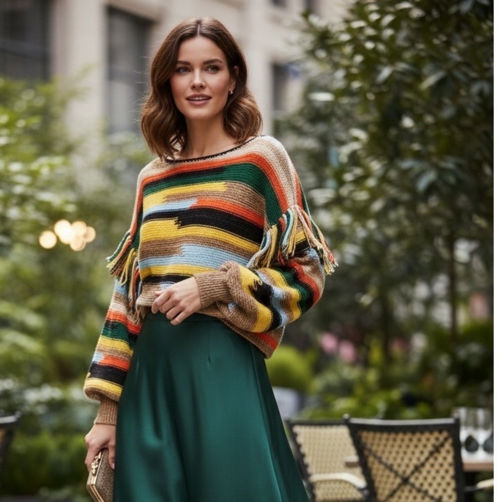 Alice + Olivia Claudette Fringe Striped Sweater Multicolor CC107S04708 Womens XS